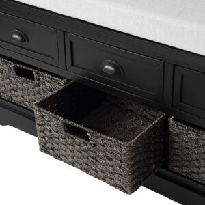 SOFTSEA Wood Storage Bench with Cushion, 3 Drawers and 3 Rattan Baskets for Entryway, Hallway, Living Room (Black)