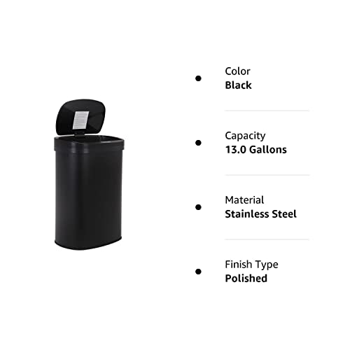 13 Gallon 50 Liter Garbage Can Kitchen Trash Can with Lid Automatic Sensor Touch Free Stainless Steel Waste Bin for Bathroom Bedroom Home Office,Black