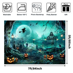 Avezano Halloween Photography Backdrop Full Moon Scary Night Castle Pumpkins Party Background Spooky Witch Bats Cemetery Child Kids Halloween Party Decorations Photoshoot Backdrops (7x5ft, Green)