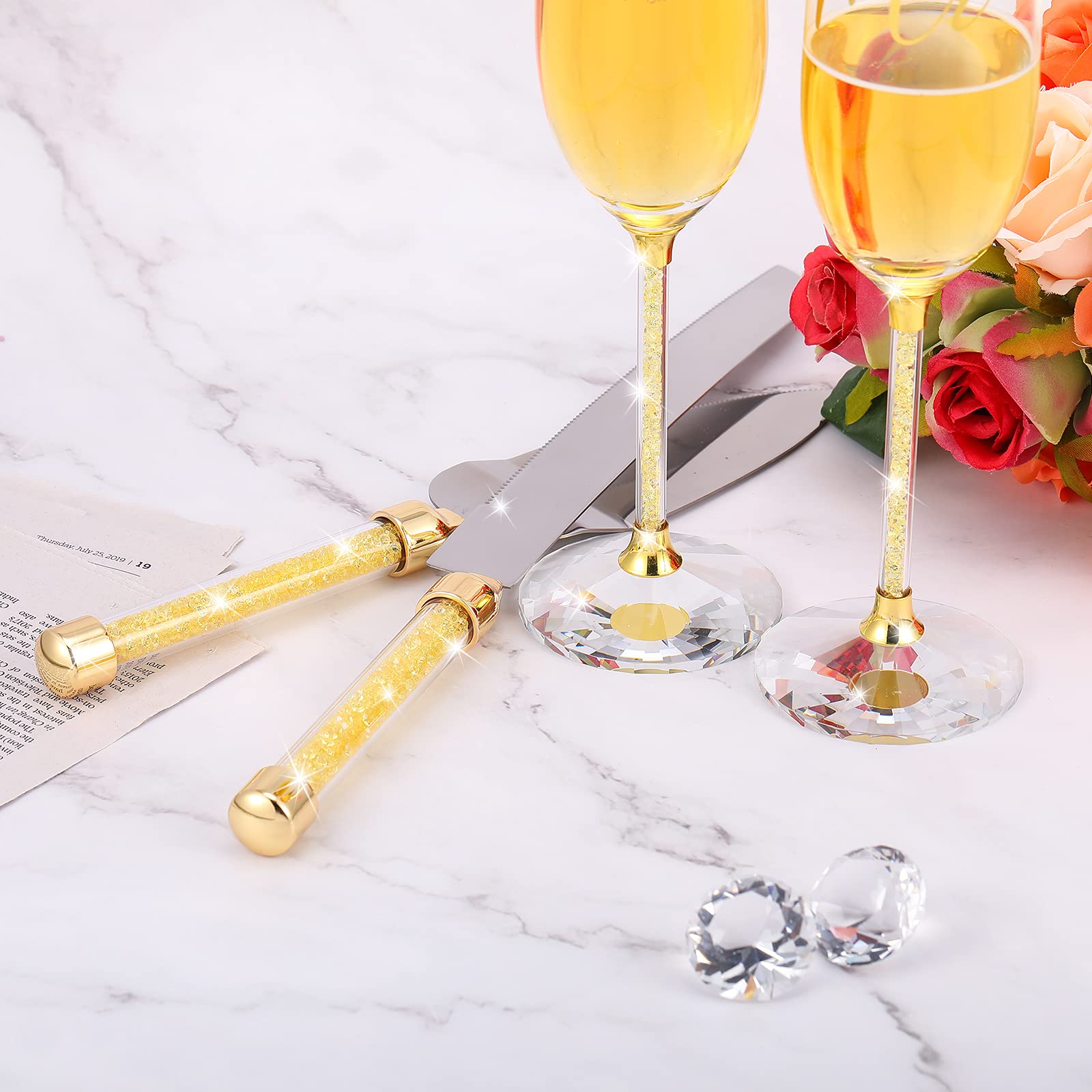 Boao 4 Piece Wedding Toasting Flutes and Cake Server Set Wedding Reception Supplies Champagne Glasses Cake Knife Pie Server (Gold Diamond, Simple)