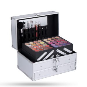 Hot Sugar Girls Makeup Set for Teenagers Beginners Adults Professionals with Reusable Trendy Silver Cosmetic Box Includes Everything for A Full Face Makeup Eyeshadow Lip Gloss Blush Brush Lipstick