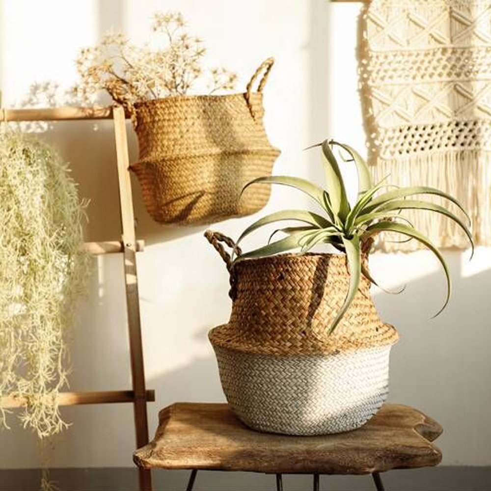 Plant Basket Indoor Outdoor Natural Woven Seagrass Wicker Folding Belly Basket Flower Pots for Storage, Laundry, Picnic, Plant Pot Cover, and Beach Bag (White#1, 25X27cm)