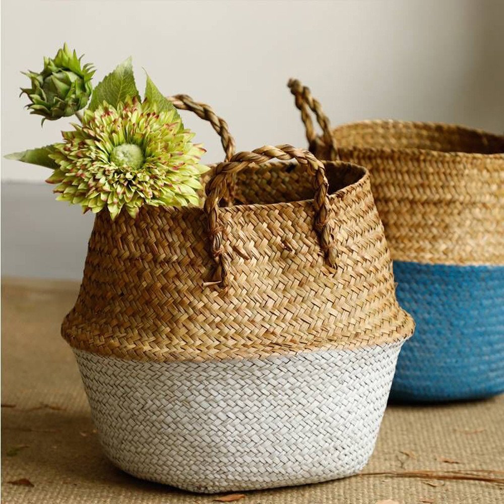 Plant Basket Indoor Outdoor Natural Woven Seagrass Wicker Folding Belly Basket Flower Pots for Storage, Laundry, Picnic, Plant Pot Cover, and Beach Bag (White#1, 25X27cm)