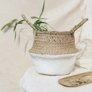 Plant Basket Indoor Outdoor Natural Woven Seagrass Wicker Folding Belly Basket Flower Pots for Storage, Laundry, Picnic, Plant Pot Cover, and Beach Bag (White#1, 25X27cm)