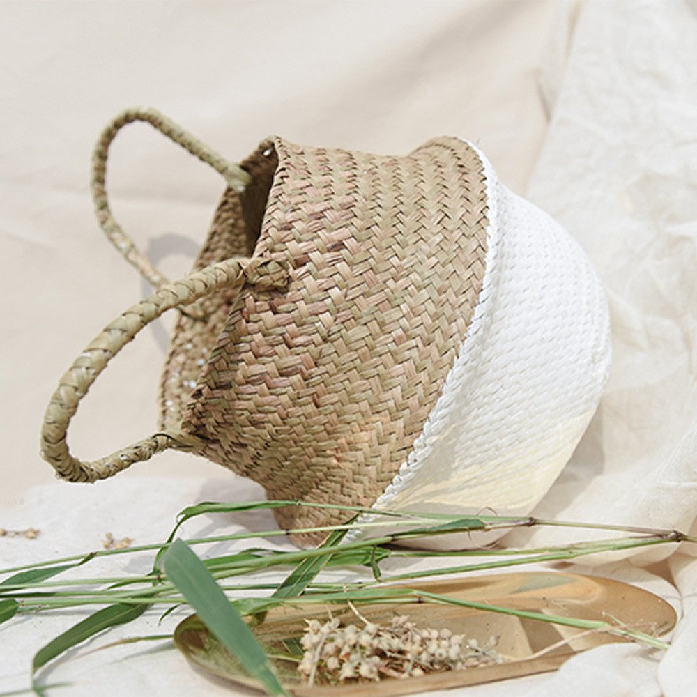 Plant Basket Indoor Outdoor Natural Woven Seagrass Wicker Folding Belly Basket Flower Pots for Storage, Laundry, Picnic, Plant Pot Cover, and Beach Bag (White#1, 25X27cm)