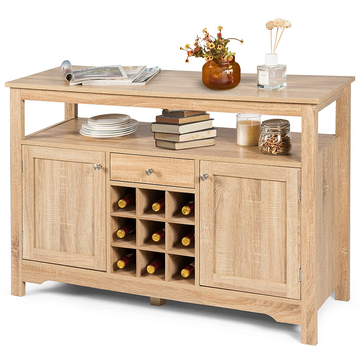 PETSITE Sideboard Buffet Cabinet with Storage, Wine Rack, Open Shelf, 2 Cabinets & Drawer, Wood Accent Coffee Bar Station Console Tables for Home Kitchen, Living Room, Entryway