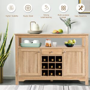 PETSITE Sideboard Buffet Cabinet with Storage, Wine Rack, Open Shelf, 2 Cabinets & Drawer, Wood Accent Coffee Bar Station Console Tables for Home Kitchen, Living Room, Entryway