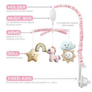 FEISIKE Baby Crib Mobile for Girls with 3 Modes Digital Musical Box（Turn Only, Music Only, Turn & Music), Volume Control, 12 Lullabies, Pink, Nursery Toys for Newborn Ages 0 and Older, Knob Type