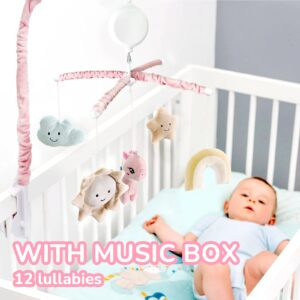 FEISIKE Baby Crib Mobile for Girls with 3 Modes Digital Musical Box（Turn Only, Music Only, Turn & Music), Volume Control, 12 Lullabies, Pink, Nursery Toys for Newborn Ages 0 and Older, Knob Type