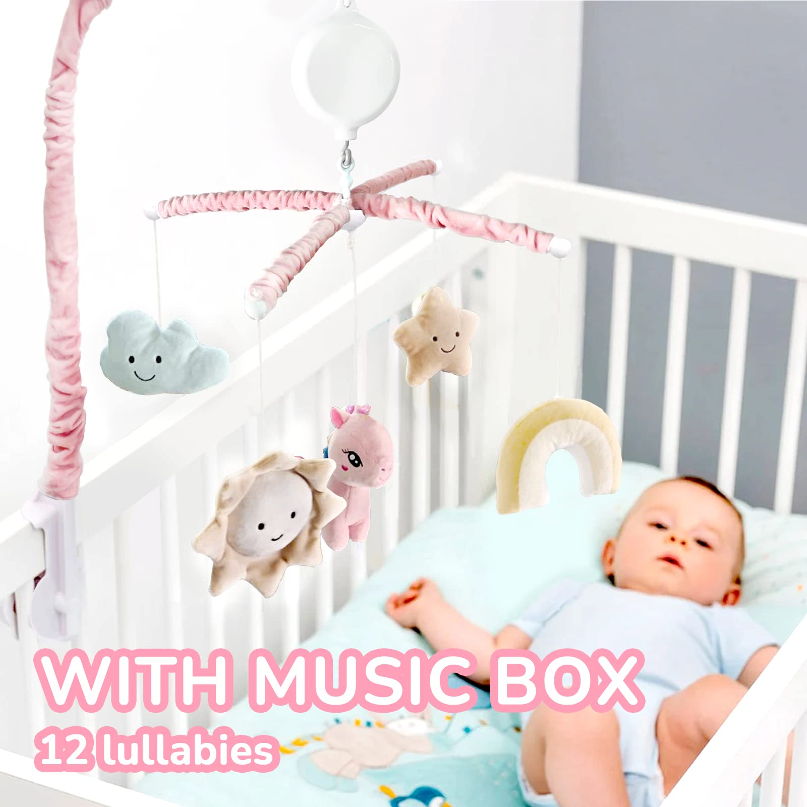 FEISIKE Baby Crib Mobile for Girls with 3 Modes Digital Musical Box（Turn Only, Music Only, Turn & Music), Volume Control, 12 Lullabies, Pink, Nursery Toys for Newborn Ages 0 and Older, Knob Type