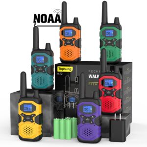 topsung walkie talkies 6 pack rechargeable walkie-talkies for adults long range distance frs 2 way radios walkie talkies work hunting walkie talkies with headsets noaa 2xusb charger 6x4500mah battery