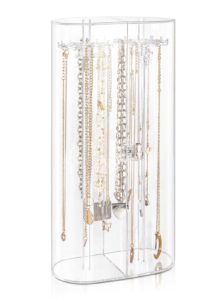 acrylic necklace holder, clear necklace organizer with 24 hooks, dustproof rotation jewelry storage holder stand, long necklaces pendant bracelets display case for dresser bathroom vanity countertop