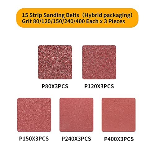 POTUINOM 15 Pack Sanding Belts 3X18 Inches(75X457mm)- 3 Each of 80/120/150/240/400 Grits Aluminum Oxide Sanding Belt, Best Suitable for Wood Sanding and Levelling