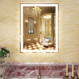 voxita led bathroom mirror 28x22 inch dimmable anti-fog lighted vanity mirror, white light/warm light by optional easy hanging vertical or horizontal led mirror