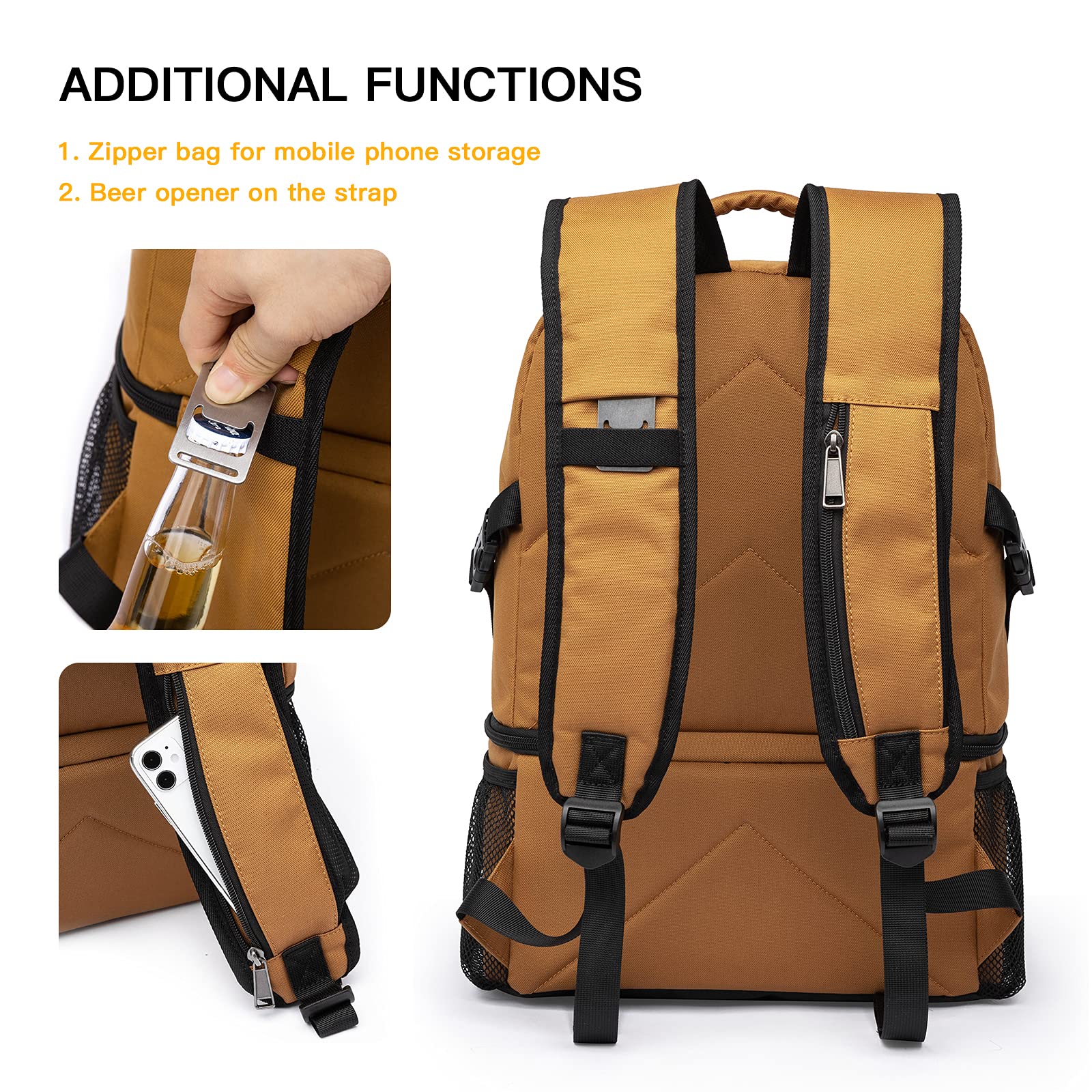 TUGUAN Insulated Cooler Backpack 38/42 Cans Double Deck Leakproof Lightweight Soft Lunch Backpack Small Cooler Bag Beach Picnic, Brown