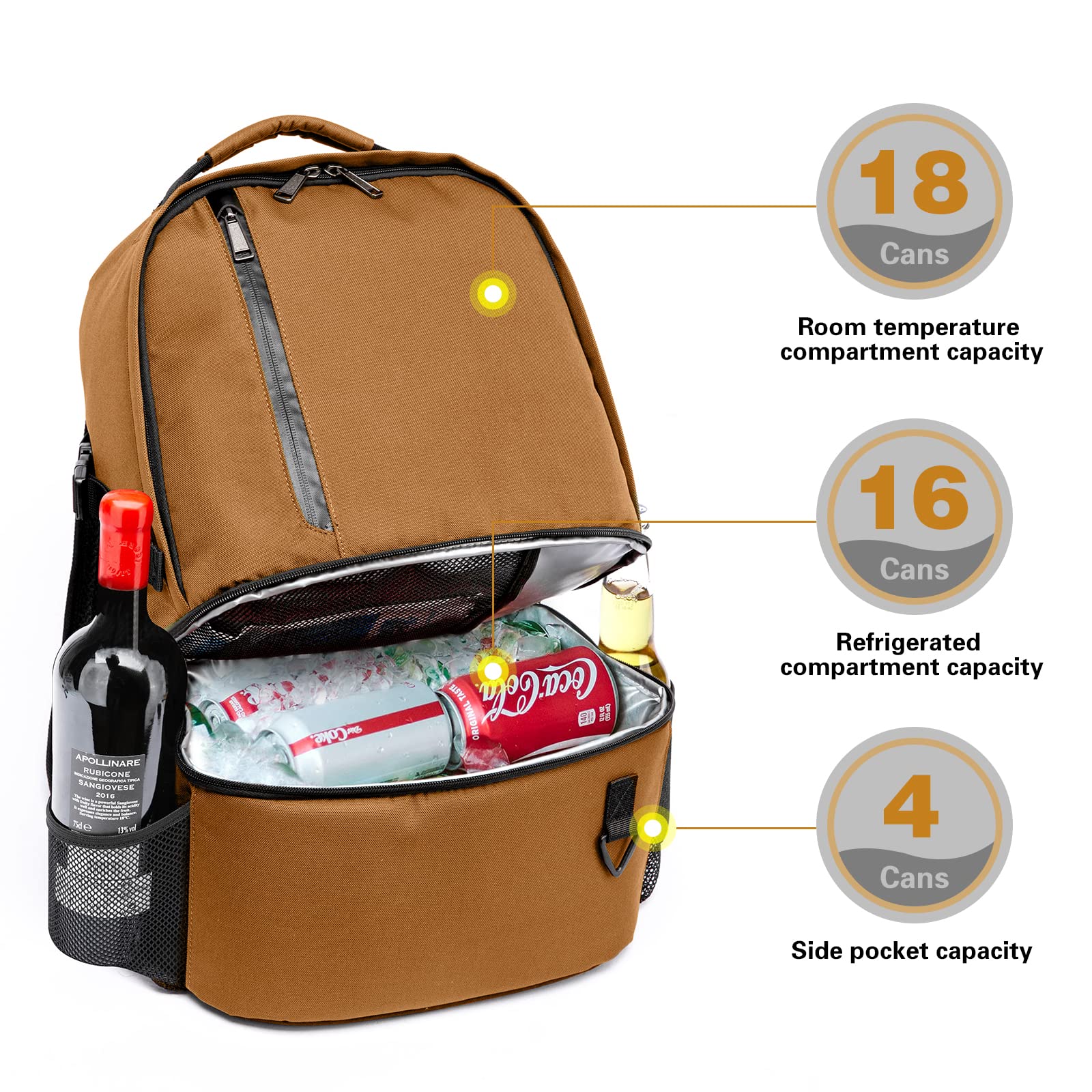 TUGUAN Insulated Cooler Backpack 38/42 Cans Double Deck Leakproof Lightweight Soft Lunch Backpack Small Cooler Bag Beach Picnic, Brown