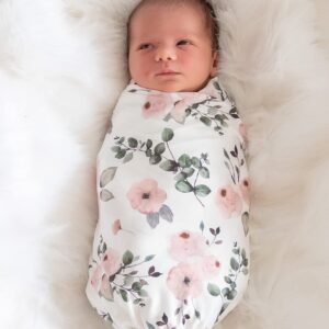 Vollmic Newborn Baby Girl Receiving Blanket Swaddle Blanket Stretchy Knit Swaddle Set with Matching Headband (Pink&Green)