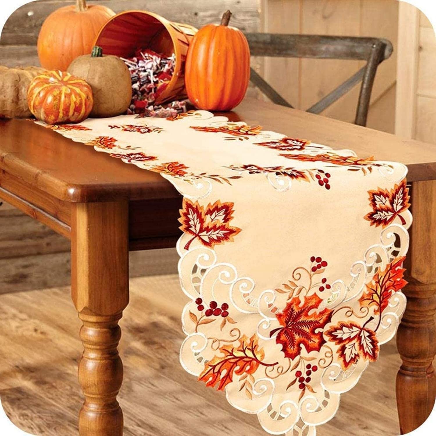 OurWarm Fall Table Runner, Maple Leaves Thanksgiving Table Runner 15 x 67 Inch, Embroidered Autumn Harvest Table Decor for Fall Thanksgiving Decorations