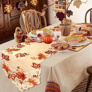 OurWarm Fall Table Runner, Maple Leaves Thanksgiving Table Runner 15 x 67 Inch, Embroidered Autumn Harvest Table Decor for Fall Thanksgiving Decorations