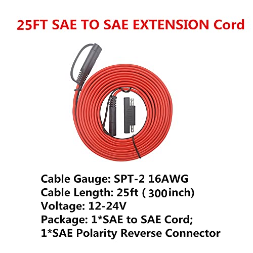 Trickle Charger Extension Cord 25FT - SAE to SAE Connector Cable 12V-24V Battery Charging Cord with Dust Cap 2 Pin Quick Connect Disconnect Plug DC Connection for Camp Trailer Solar Panels (25ft)