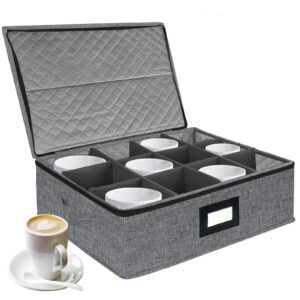 veronly quilted cup and mug storage box, china storage containers with zipper lid and handles, holds 12 coffee mugs and tea cups, hard shell and stackable for dinnerware storage, transport (dark grey)