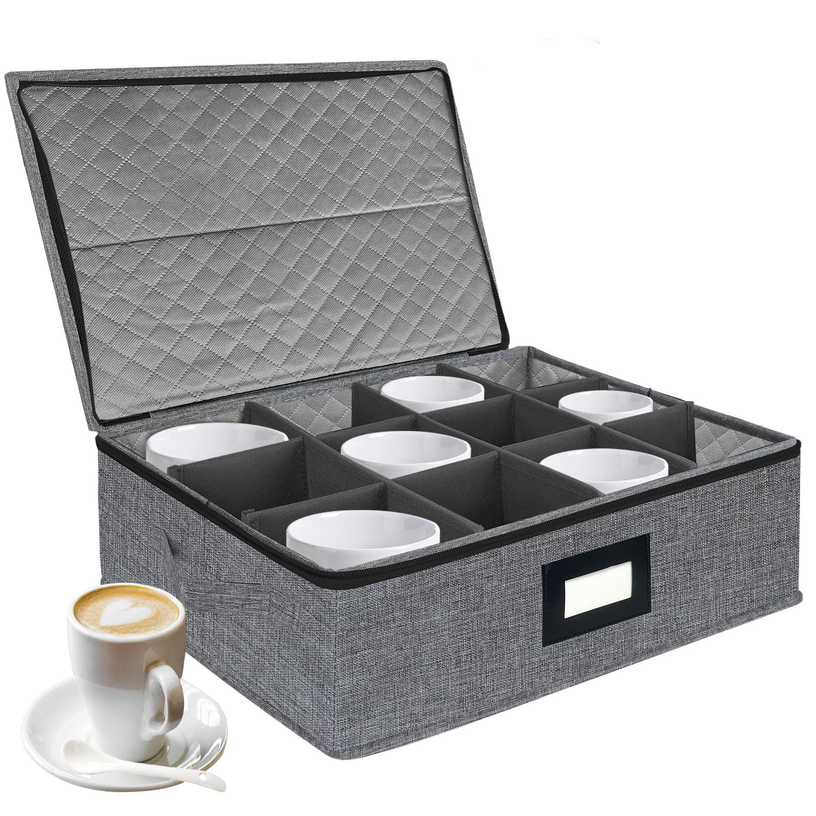 VERONLY Quilted Cup and Mug Storage Box, China Storage Containers with Zipper Lid and Handles, Holds 12 Coffee Mugs and Tea Cups, Hard Shell and Stackable for Dinnerware Storage, Transport (Dark Grey)