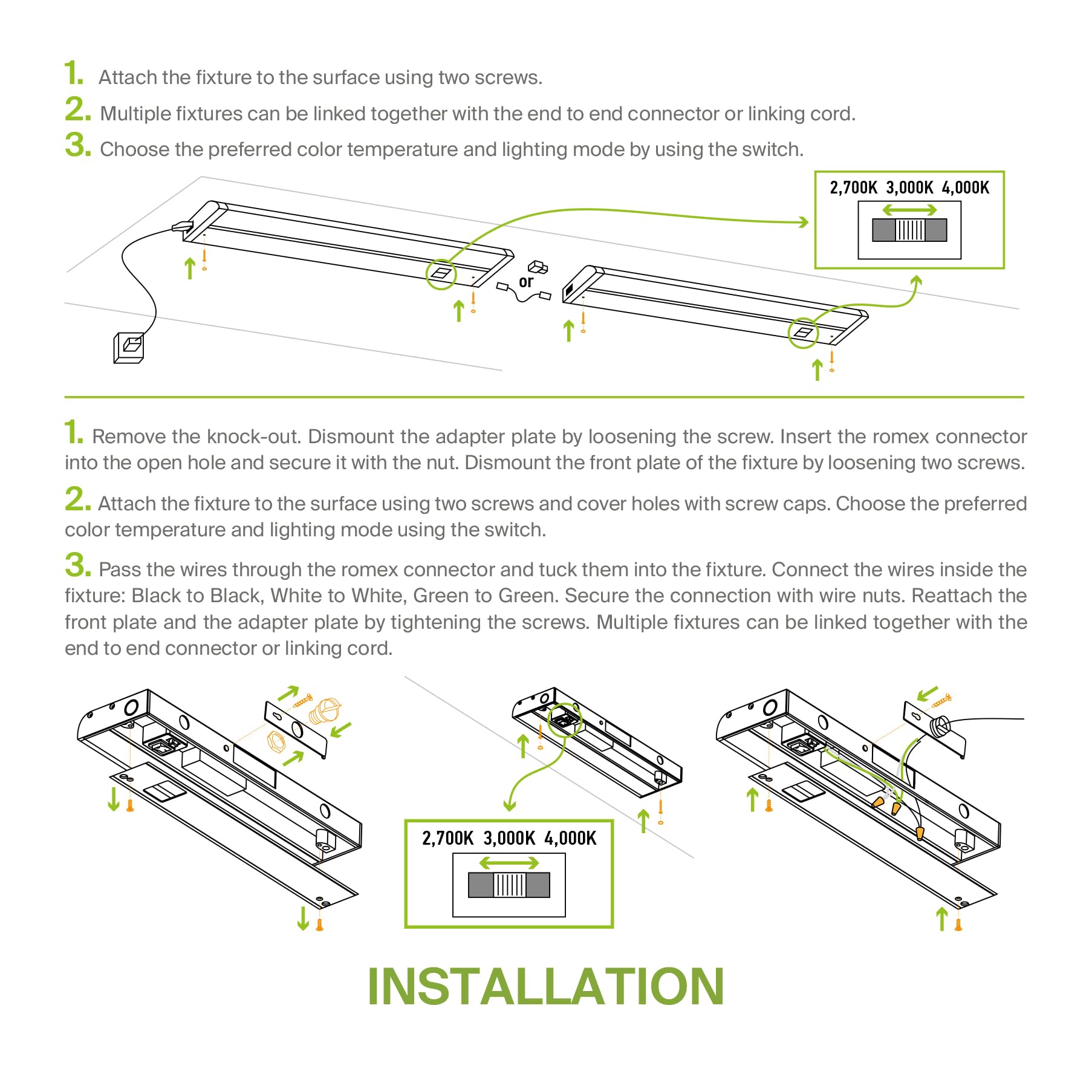 ASD LED Under Cabinet Lighting 24 Inch, Dimmable, Hardwired or Plug-in Installation, 3 Color Levels- 2700K/3000K/4000K, Linkable Kitchen Under Counter Lighting, ETL & Energy Star, White Finish