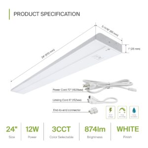 ASD LED Under Cabinet Lighting 24 Inch, Dimmable, Hardwired or Plug-in Installation, 3 Color Levels- 2700K/3000K/4000K, Linkable Kitchen Under Counter Lighting, ETL & Energy Star, White Finish