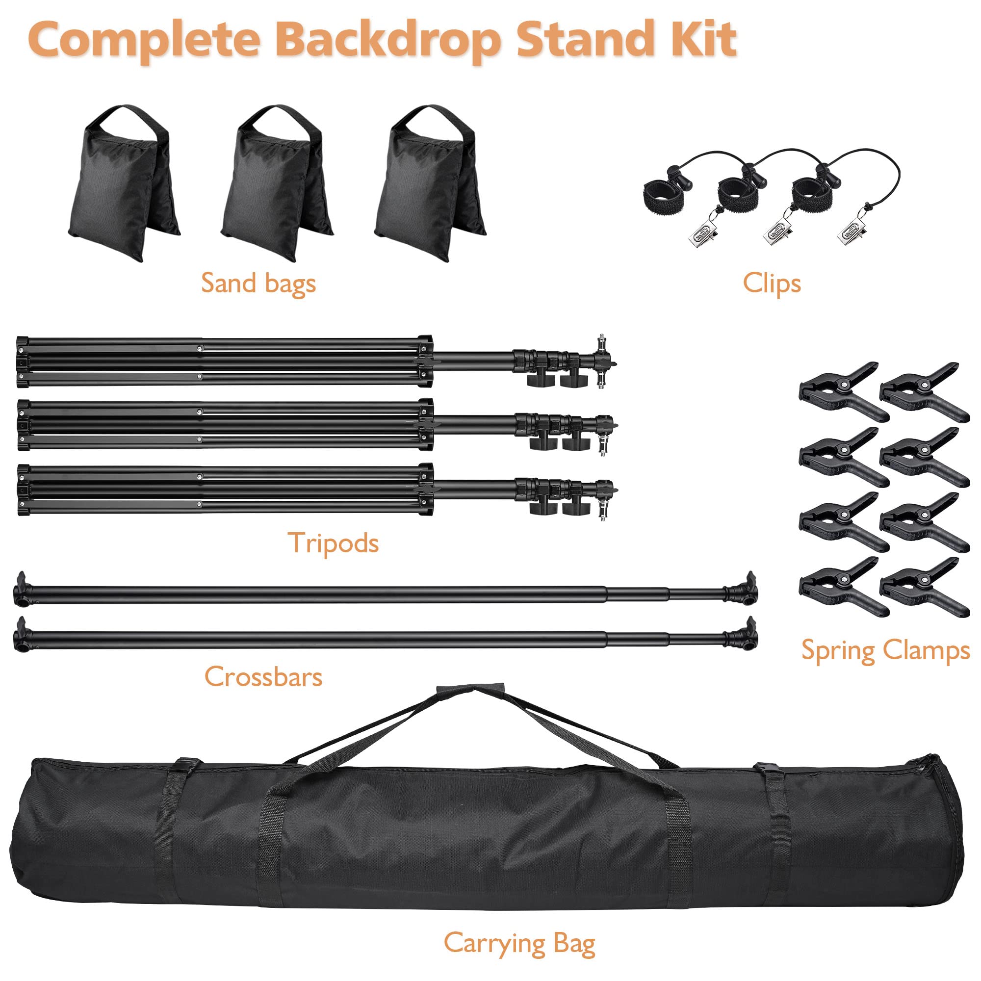 AW 10x20Ft Backdrop Stand Adjustable Photography Background Support System 2 Way to Set up for Party Wedding Photography Classroom Stage for Puppets 8 Spring Clamps,3 Clips,3 Sand Bag,1 Carry Bag