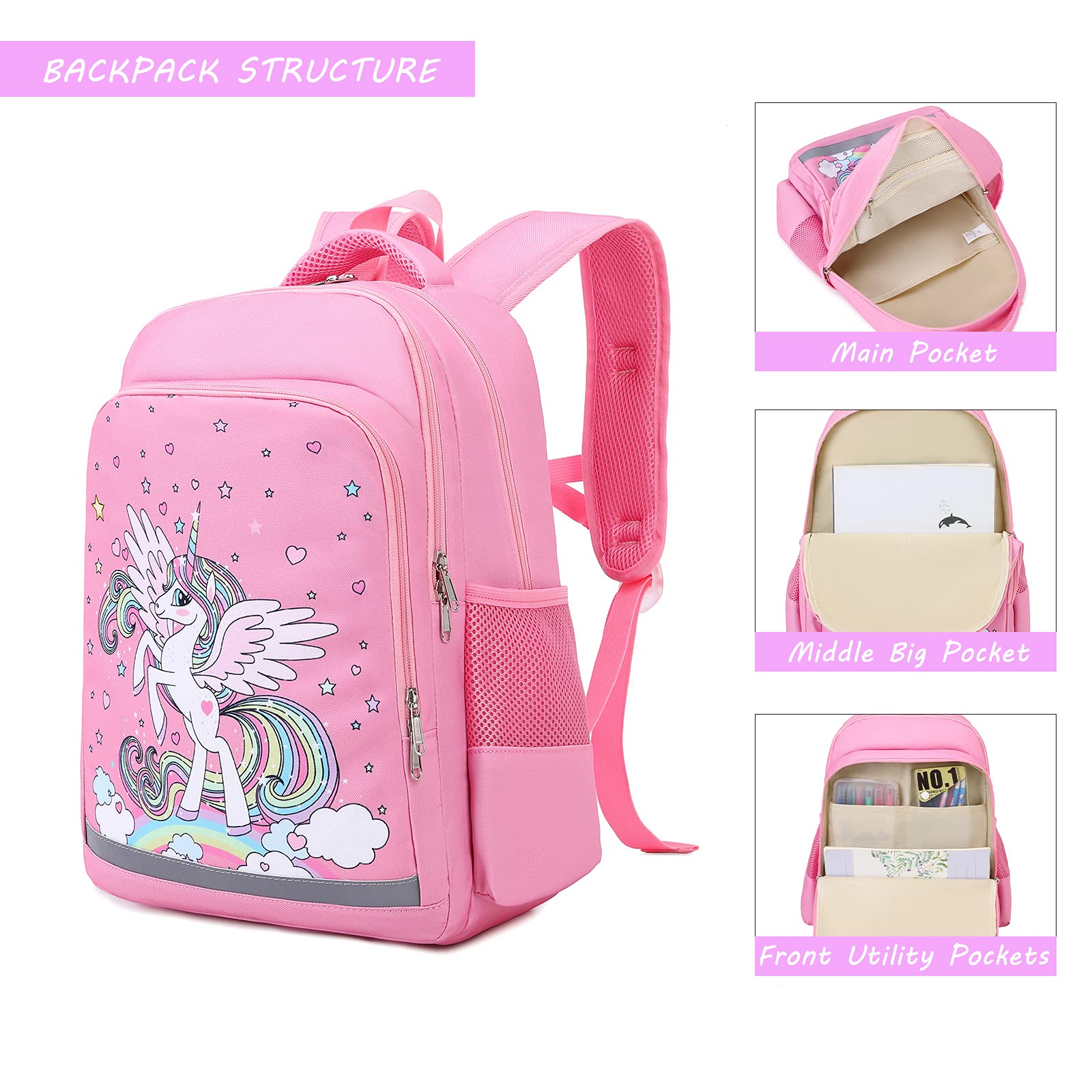 Girls Backpacks, Unicorn Backpack and Lunch Box for Girls, Kids Unicorn School Bookbag Set with Lunch Box and Pencil Case