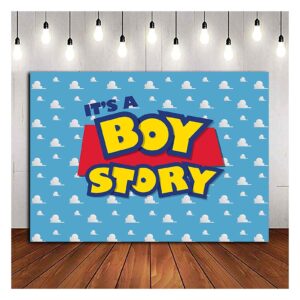 Cartoon Blue Sky White Clouds Toy Boy Story Theme Photography Backdrops 7x5ft Children Boys Birthday Party Photo Background Kids Newborn Baby Shower Dessert Cake Table Decor Props Supplies