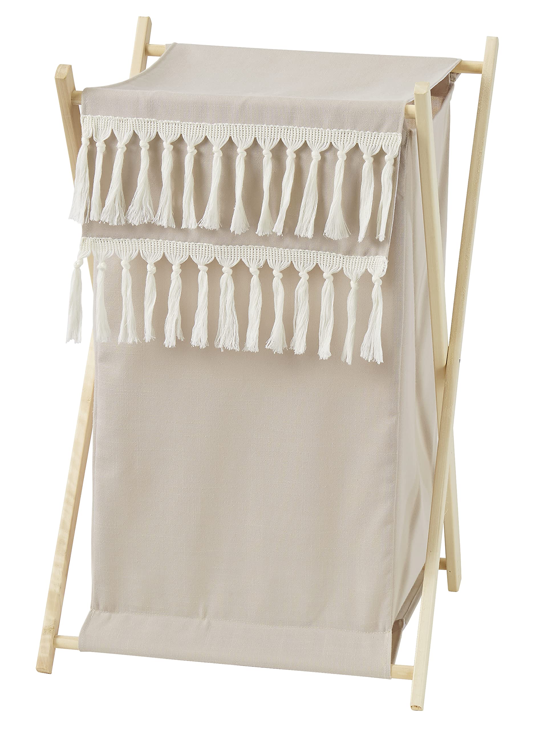 Sweet Jojo Designs Boho Fringe Baby Kid Clothes Laundry Hamper - Gender Neutral Beige Tan Taupe Linen Tassel Macrame for Bohemian Woodland Farmhouse Botanical Leaf Collection