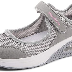 Hotcham Woman Casual Walking Shoes Comfort Fitness Sneaker Women Mesh Fabric Sneaker Women Wedge Sneaker,Gray/9