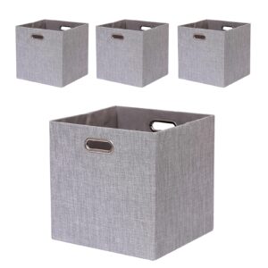 fboxac cube storage bins 13×13 linen foldable box with handles, collapsible organization basket set of 4 large capacity grewer for closet shelf cabinet bookcase bedroom, silver grey