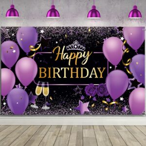 happy birthday decorations banner, purple happy birthday sign birthday party supplies purple photo backdrop background with rose for birthday party favor for women girl celebration 72.8 x 43.3 inch