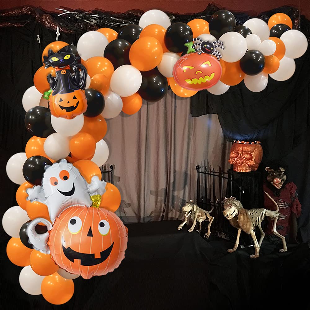 122 Pcs Halloween Balloon Garland Kit, Black Orange White Latex Balloon Garland Arch with Ghost Pumpkin Spider and Black Cat Foil 3D Balloons