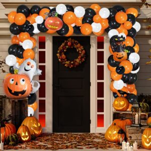 122 Pcs Halloween Balloon Garland Kit, Black Orange White Latex Balloon Garland Arch with Ghost Pumpkin Spider and Black Cat Foil 3D Balloons