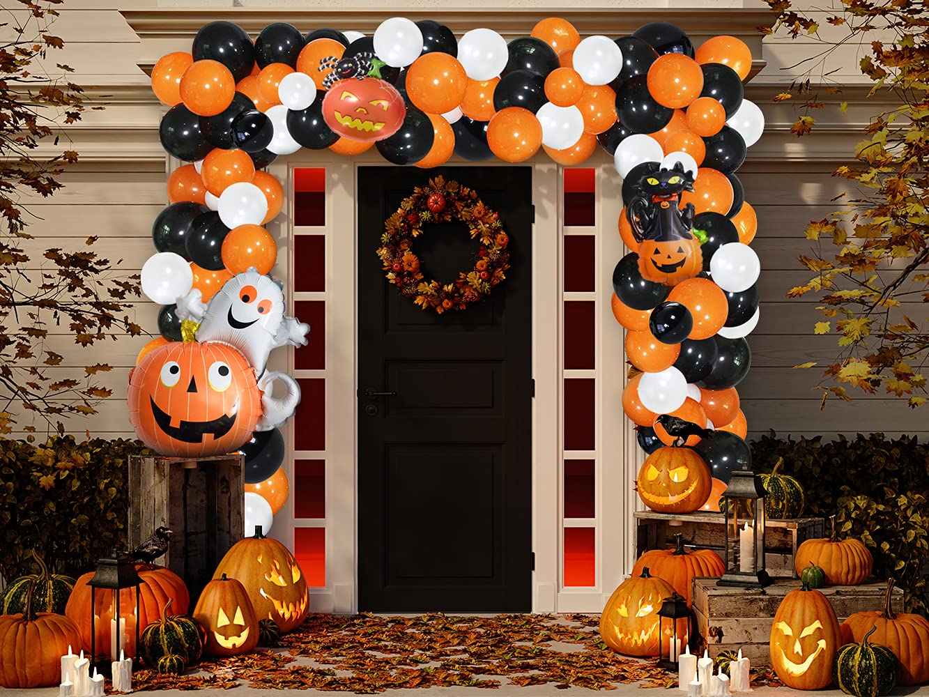 122 Pcs Halloween Balloon Garland Kit, Black Orange White Latex Balloon Garland Arch with Ghost Pumpkin Spider and Black Cat Foil 3D Balloons