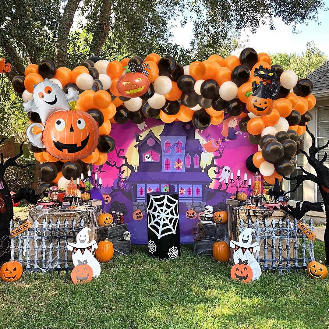 122 Pcs Halloween Balloon Garland Kit, Black Orange White Latex Balloon Garland Arch with Ghost Pumpkin Spider and Black Cat Foil 3D Balloons