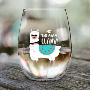 No Drama Llama Funny Stemless Wine Glass Cup (15 oz) - Cute Llama Gifts for Women Adults- Novelty Wine Glasses with Cute Sayings for Women- Llama Llama Decor- Made in USA