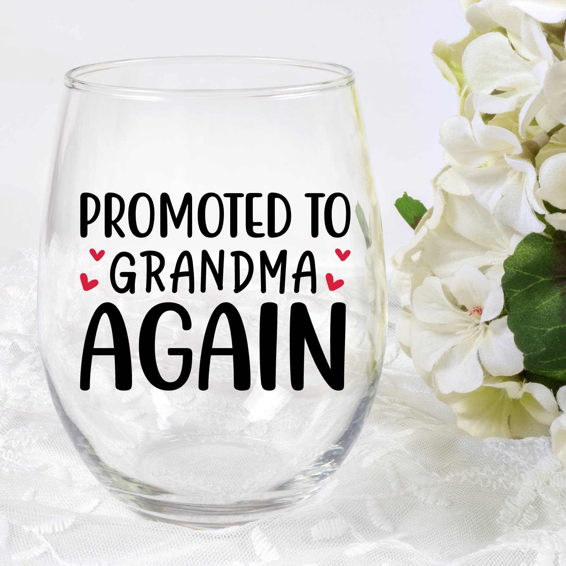 Laguna Design Co. Promoted to Grandma Again Wine Glass, 21 Oz, Grandma Wine Glass, Baby Announcement Wine Glass, Grandma Wine Glass,Black and Red