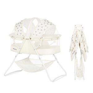 dream on me karley bassinet in french white, lightweight portable baby bassinet, quick fold and easy to carry , adjustable double canopy, indoor and outdoor bassinet with large storage basket.