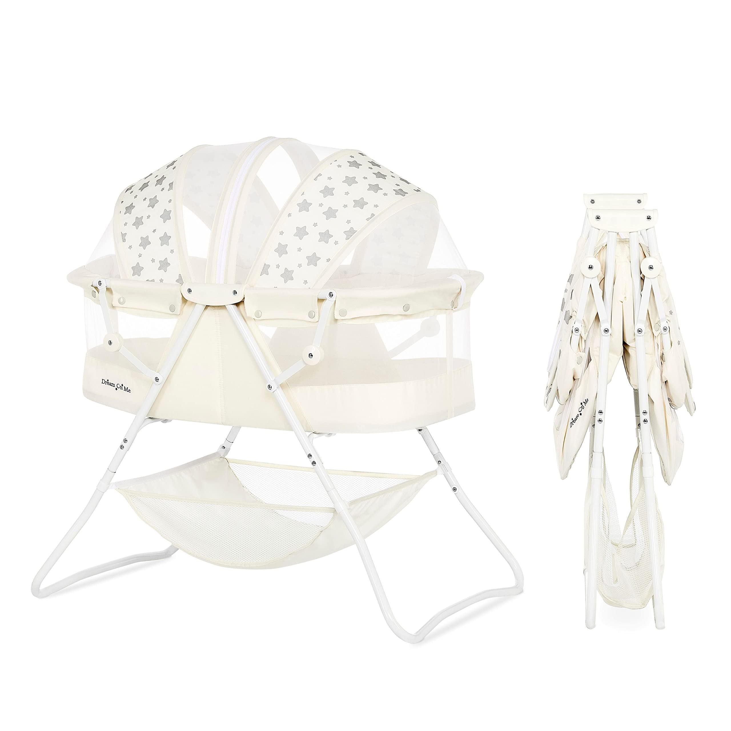 Dream On Me Karley Bassinet in French White, Lightweight Portable Baby Bassinet, Quick Fold and Easy to Carry , Adjustable Double Canopy, Indoor and Outdoor Bassinet with Large Storage Basket.