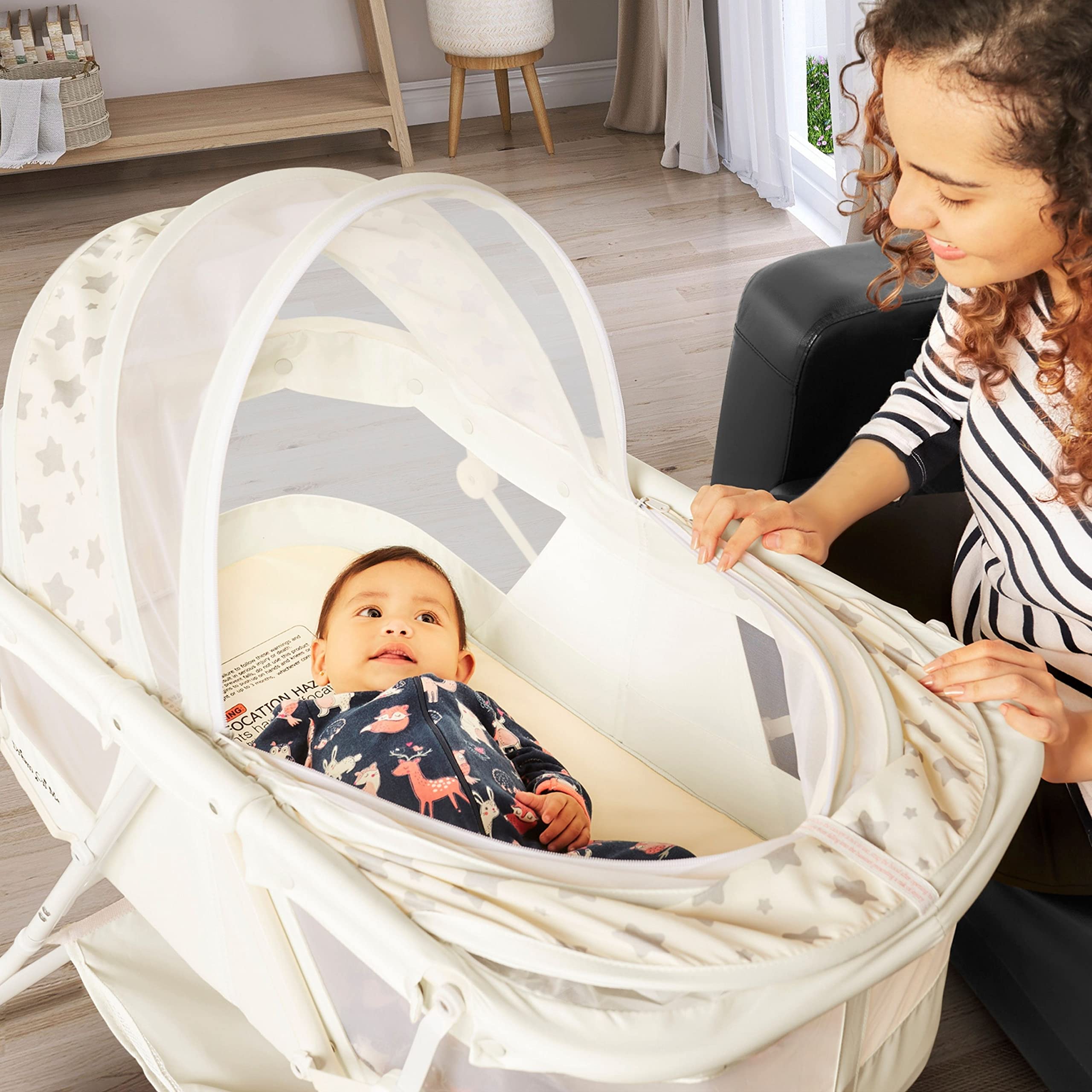 Dream On Me Karley Bassinet in French White, Lightweight Portable Baby Bassinet, Quick Fold and Easy to Carry , Adjustable Double Canopy, Indoor and Outdoor Bassinet with Large Storage Basket.