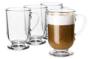 luxu irish glass coffee mugs set of 4,latte cups,clear coffee mug 10.5 oz, glass mugs with handles for hot beverages, clear mugs for tea, cappuccino, latte,coffee, juice,milk, hot chocolate mugs