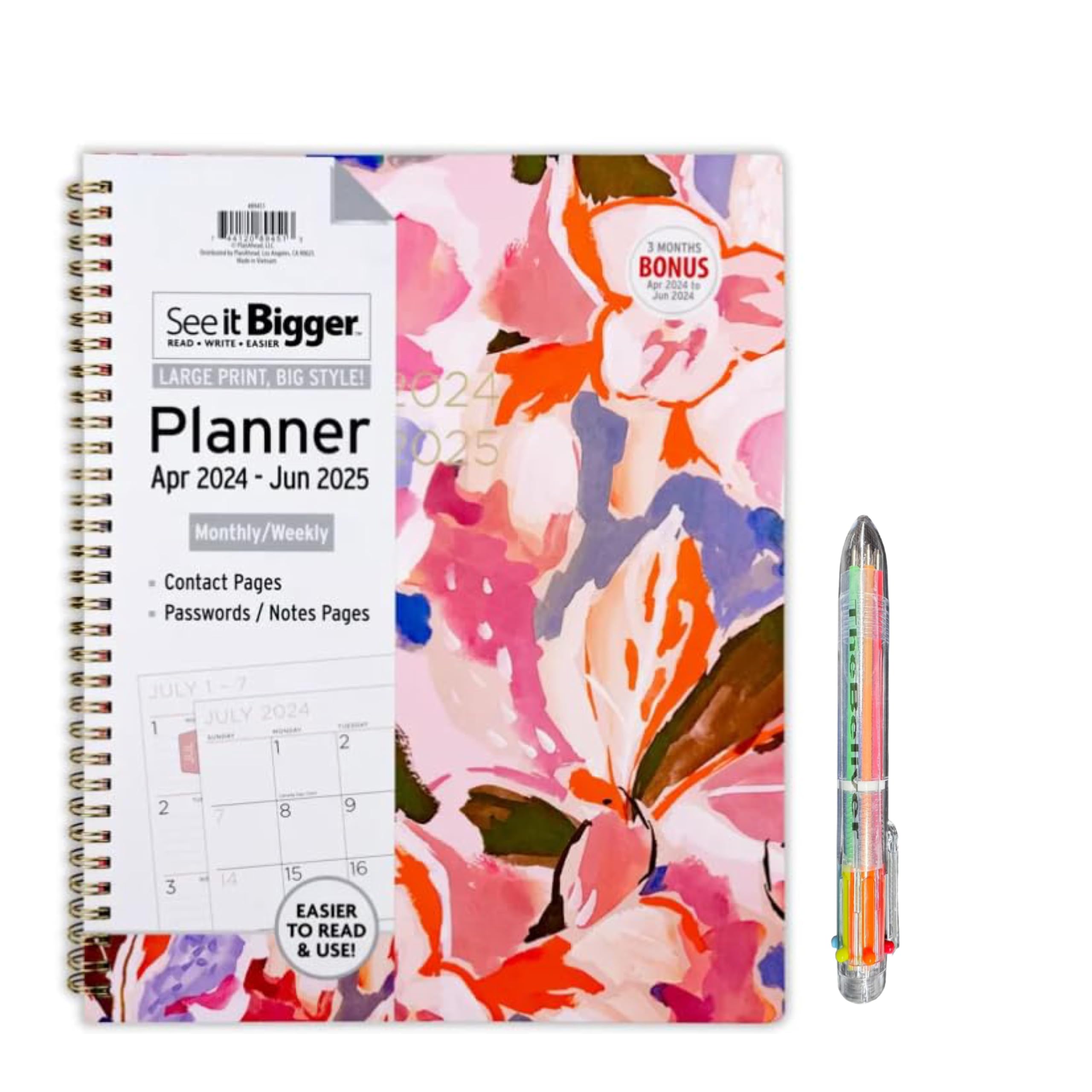 PlanAhead See IT Bigger Specialized Large Print, April 2024 June 2025 Weekly Monthly Large Planner, Size 8.5" x 11" and 6 in 1 Multicolor Ballpoint Colorful Ink Penfrom TheBeliver LLC.