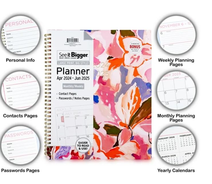 PlanAhead See IT Bigger Specialized Large Print, April 2024 June 2025 Weekly Monthly Large Planner, Size 8.5" x 11" and 6 in 1 Multicolor Ballpoint Colorful Ink Penfrom TheBeliver LLC.