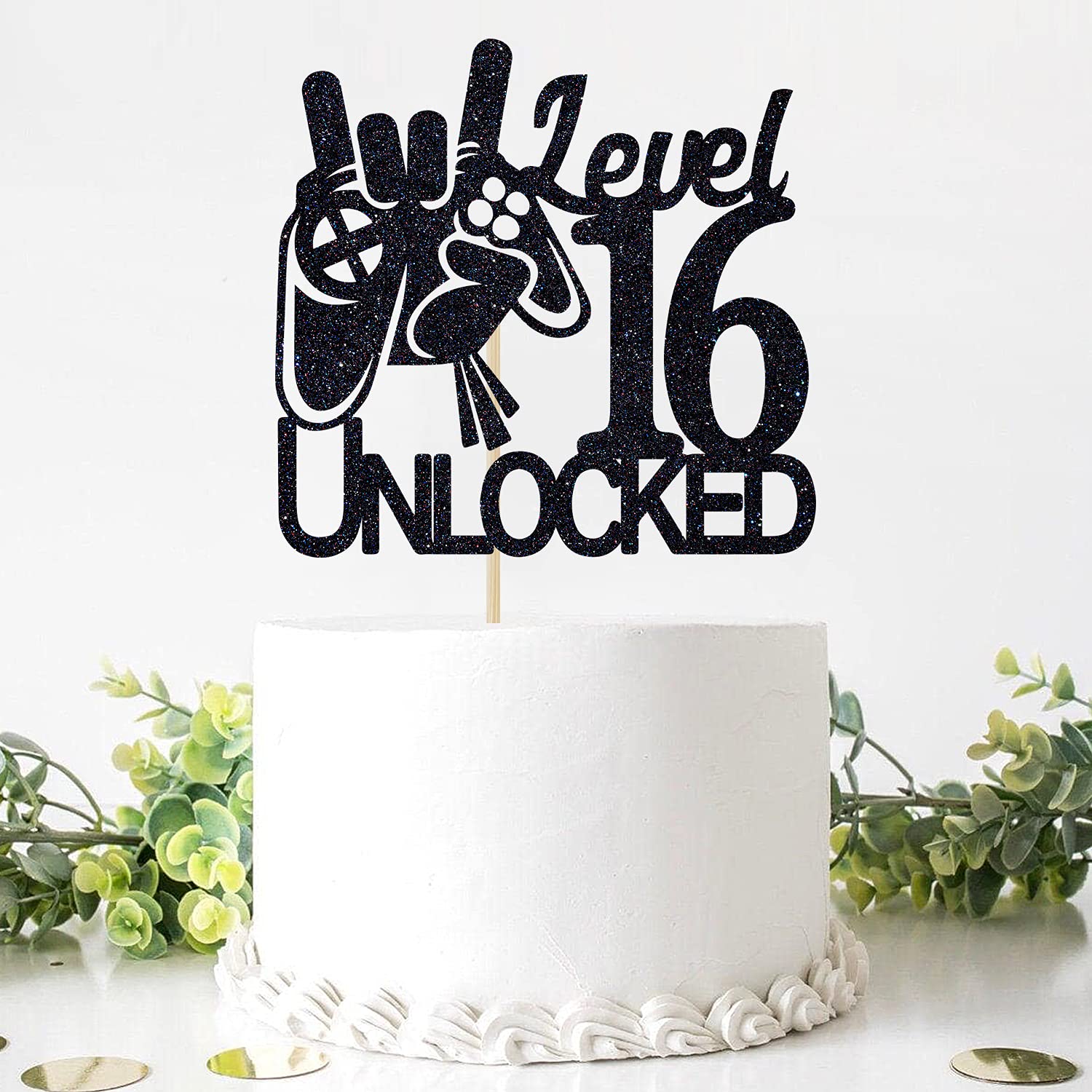 Black Glitter Level 16 Unlocked Game Birthday Cake Topper - Boy's 16th Birthday Cake Decorations - Sweet 16 - Video Game Theme Cake Topper - Level Up Winner Party Decoration Supplies