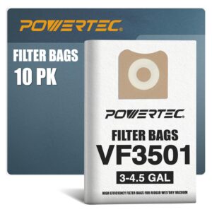 powertec shop vacuum bags 10pk for ridgid vf3501 & workshop ws32045f vacuum bags, replacement filter bags for ridgid 4000rv & workshop 3-4.5 gallon wet/dry vac, shop vacuum accessories for ridgid