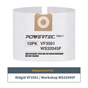 POWERTEC Shop Vacuum Bags 10PK for Ridgid VF3501 & Workshop WS32045F Vacuum Bags, Replacement Filter Bags for Ridgid 4000RV & Workshop 3-4.5 Gallon Wet/Dry Vac, Shop Vacuum Accessories for Ridgid